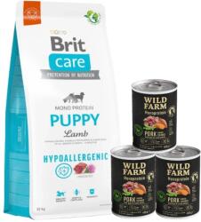 Brit BRIT CARE Hypoallergén kölyök bárány 12kg + Wild Farm Monoprotein sertés 3x400g hipoallergén kutyatáp