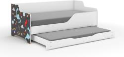 Wooden Toys Lilu Gyerekágy - Laminált Fronttal, 160x80 cm, Matraccal és Ágyazható Ágyneműtartóval, 140x70 cm Matraccal, Színes Dínós