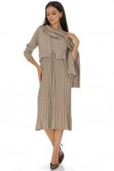 RohBoutique Rochie tricotata midi cu cardigan atasat si o esarfa Bej Roh DR4790