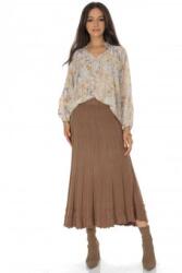 RohBoutique Fusta midi tricotata cu volan la tiv Camel Roh FR566
