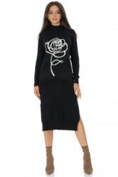RohBoutique Rochie casual tricotata midi cu design contrastant trandafir Negru Roh DR4797