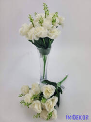  Rózsa 14 fejes selyemvirág csokor díszítővel 30 cm - Halvány krém