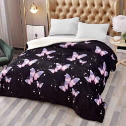 Jojo Home Patura cocolino groasa cu blanita alba 200x230cm, doua fete, neagra, fluturi - F114 (F114) Patura