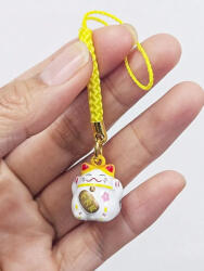 Kincsecske Kollekció Sárga-fehér Maneki-neko kulcstartó, talizmán