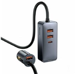 Baseus autós töltő 3 USB+Type-C aljzat (120W, PD gyorstöltő + 1.5m hosszabbító) SZÜRKE