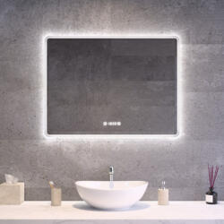  Fekvő fürdőszobai LED tükör 80x60cm | Páramentesítő - Óra - Fényerő és színhőmérséklet szabályozás | Welland Kath