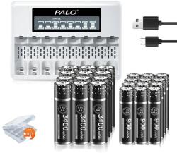  A Palo újratölthető akkumulátortöltő, LCD kijelző, 8 slot, AA és AAA akkumulátorokat tartalmaz, 12AA AAA 1 töltő