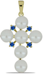  Kereszt Arannyal Bevont Ezüst Medál Fehér Édesvízi Kagylógyönggyel és Ausztrál Kék Zafírral, Y61556