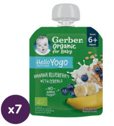 Gerber Organic bio gyümölcspüré banánnal, áfonyával, fermentált tejkészítménnyel és gabonával, 6 hónapos kortól (7x80 g)