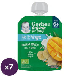 Gerber Organic bio gyümölcspüré banánnal, mangóval, fermentált tejkészítménnyel és gabonával, 6 hónapos kortól (7x80 g)
