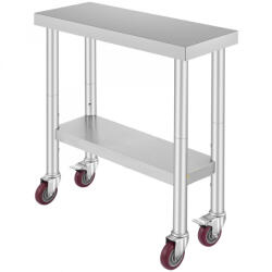 VEVOR Inox ipari konyhaasztal kerekekkel 76x30x86 cm 150 kg teherbírású nagykonyhai rozsdamentes bútor munkaasztal (00132466)