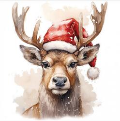  Szalvéta 33x33cm 20db/csomag, Deer with Santa hat white, Szarvas Mikulás sapkában fehér