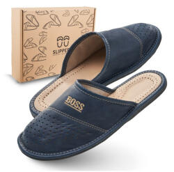 SLIPPERS Papucs Férfi bőrpapucs, 41-es méret | sötétkék