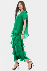 SHOPIKA Rochie verde smarald din matase si vascoza cu volane franjurate suprapuse Talie unica