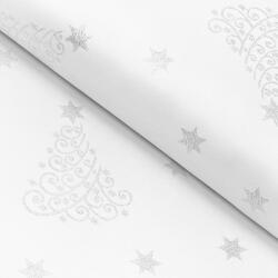 Goldea țesătură impermeabilă pentru fețe de masă - brazi și steluțe argintii pe alb 160 cm