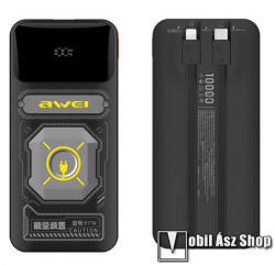 Awei P77K hordozható vésztöltő, Powerbank, 1x USB és 1x Type-C aljzat, 10000mAh, 22.5W, PD gyorstöltés támogatás, LED kijelző, Beépített fix Lightning és Type-C kábel, Fekete (P77K)