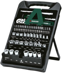 PARKSIDE HG-10518 Socket Set 61 részes 1/4" 6.3 mm + 3/8" 10 mm CR-V / S2 acél racsnis dugókulcskészlet (krova készlet) dugókulcs és bitfej készlet állvánnyal (PS_465602)