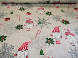  Halványszürke alapon hópehely - karácsonyi manó mintás pamutvászon