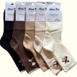 aura. via női maci hímzéses zokni - barna árnyalatok, 5 pár (NPX1908)