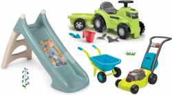 Smoby Set tobogan cu apă și babytaxiu cu tractor și remorcă Animăluțe XS Slide Little Smoby lungimea surafeței de alunecare 90 cm și mașină de tuns iarba cu roabă (SM140311-3)