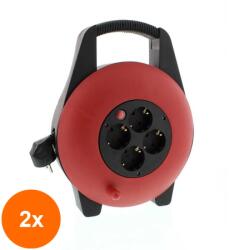 Well Set 2 x Prelungitor cu Derulator si Termosiguranta, 4 Prize, 10 m, 1.5 mm IP20, Well (TIV-2xEXTR-4S10M-1.5PBK-WL)