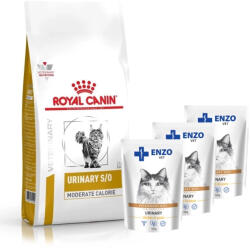 Royal Canin Veterinary ROYAL CANIN Urinary S/O Mérsékelt Kalóriatartalmú 9kg + ENZO VET Urinary csirkemellel szószban macskáknak 3x100g