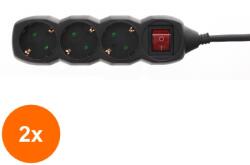 Well Set 2 x Prelungitor Electric cu Intrerupator, Negru, 3 Prize, Sectiune Cablu 3 x 1.5mm2, Lungime 3 m, Well (TIV-2xEXTS-3S3M-SW/02BK-WL)