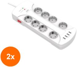 Well Set 2 x Prelungitor Well, 8 Prize, 3 m, 4 x USB, cu Protectie, Cablu 3xG1.5 mmp (TIV-2xEXTS-8S3M-PROT/USB4-WL)
