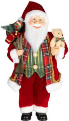 MagicHome karácsonyi dekoráció, Mikulás ajándékokkal és macival, piros-kockás, 46 cm (TC8095511)