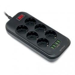  Prelungitor cu 6 x Schuko + 4 x USB-A 3.1A 2m Negru, SRXP-PS66B (SRXP-PS66B)