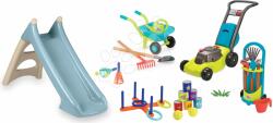 Smoby Set šmykľavka s vodnou hrou a kosačka s fúrikom XS Slide Blue Life Smoby dĺžka šmyku 90 cm a vozík na záhradu s náradím a športový set SM820630-9 (SM820630-9)