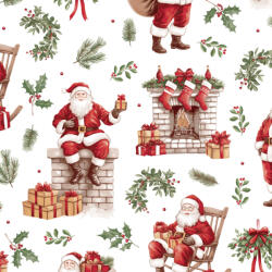  Mikulás - kémény mintás karácsonyi pamutvászon textil fehér alapon - 160 cm
