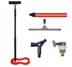  Teleszkópos professzionális kefe, többfunkciós - napelemek tisztítása, ablakok, kaparó, visszahúzható rúd, 4 vízfúvóka, tömlő, kefe 55 cm x 7, 5 cm, rúd 3, 6-7, 2 m Ablaktisztító