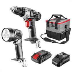 GRAPHITE Set de scule cu acumulator 18V Energy+: bormașină + lampă + geantă + acumulator + încărcător 2.0Ah (58G016)