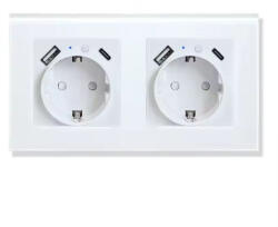 Tuya Priza dubla inteligenta de perete16A USB Type-C, Wi-Fi, Rama din sticla, Monitorizare consum, 16A, Smart Life Tuya APP, Alb SmartWiz (SYBY-WWIF-16A-2USBC)
