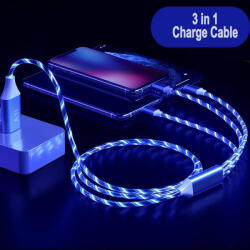 Autolife 3in1 Micro USB + Type C + Apple LIGHTNING világító LED töltőkábel kábel - kék színben (3in1)