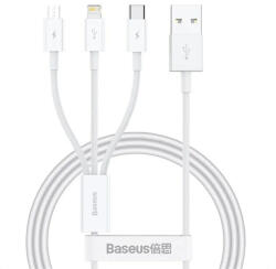 Baseus - Adatkábel Gyors Töltéssel, USB-ről USB-C, Lightning, Micro-USB csatlakozóra, 100W, 480Mbps, 1.5m hosszú - Fehér