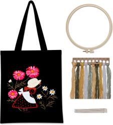  Hímzéskészlet, tartalmazza a fekete vászon táskát, három egyedi mintát, Virágáruslány