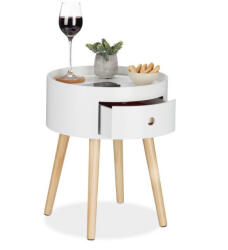 Relaxdays Skandináv stílusú kerek fiókos éjjeliszekrény kisasztal fehér-natúr 46x38 cm 10029602