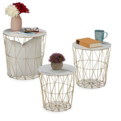 Relaxdays Modern rácsos mintázatú asztal márvány megjelenésű asztallappal 3 db-os szett 10039093_49