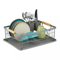 Relaxdays Edényszárító csepptálcával szürke-világosbarna 15, 5x42x31 cm 10035808_111