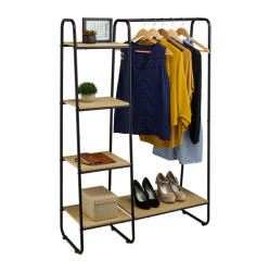 Relaxdays Fém ruhatartó akasztórúddal és 5 polccal fekete-natúr 150x100x41 cm 10050229