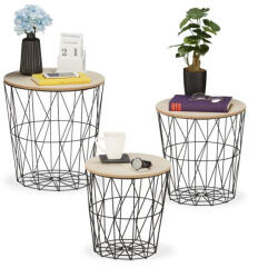 Relaxdays Modern rácsos mintázatú 3 db-os asztal készlet fekete-natúr 10035377