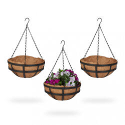 Relaxdays Felfüggeszthető virágkosár kókuszrost kaspó 3 db-os szett 50x31 cm 10041693