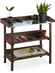 Relaxdays Sötétbarna 3 szintes ültetőasztal fém munkafelülettel 10026324