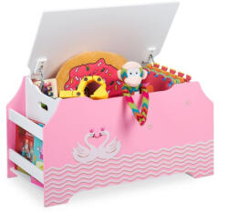 Relaxdays Hattyú mintás felnyitható játéktároló láda oldal rekeszekkel rószaszín-fehér 10037780