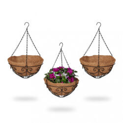 Relaxdays Felfüggeszthető virágkosár kókuszrost kaspó 3 db-os szett 48x31 cm 10041695