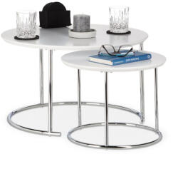 Relaxdays Elegáns dohányzóasztal matt fehér asztallap - ezüst króm lábak 2 db-os szett 10022595