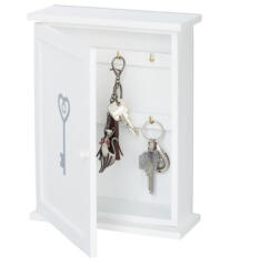 Relaxdays Fa kulcstartó doboz 6 akasztóval kulcs motívummal fehér 10027890_469