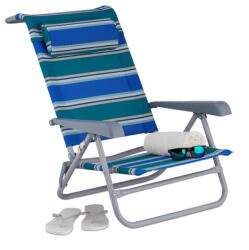 Relaxdays Összecsukható napozószék kempingszék fejpárnával kék-zöld-fehér csíkos 10035903
